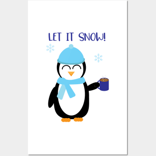 Let it Snow, Cute Winter Penguin with hot cocoa Posters and Art